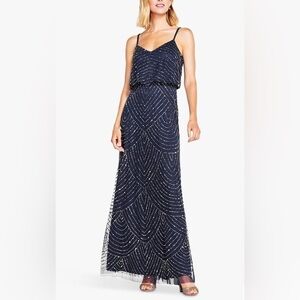 Nwt Adrianna Papell Spaghetti Strap Beaded Blouson Ball Gown in Gunmetal